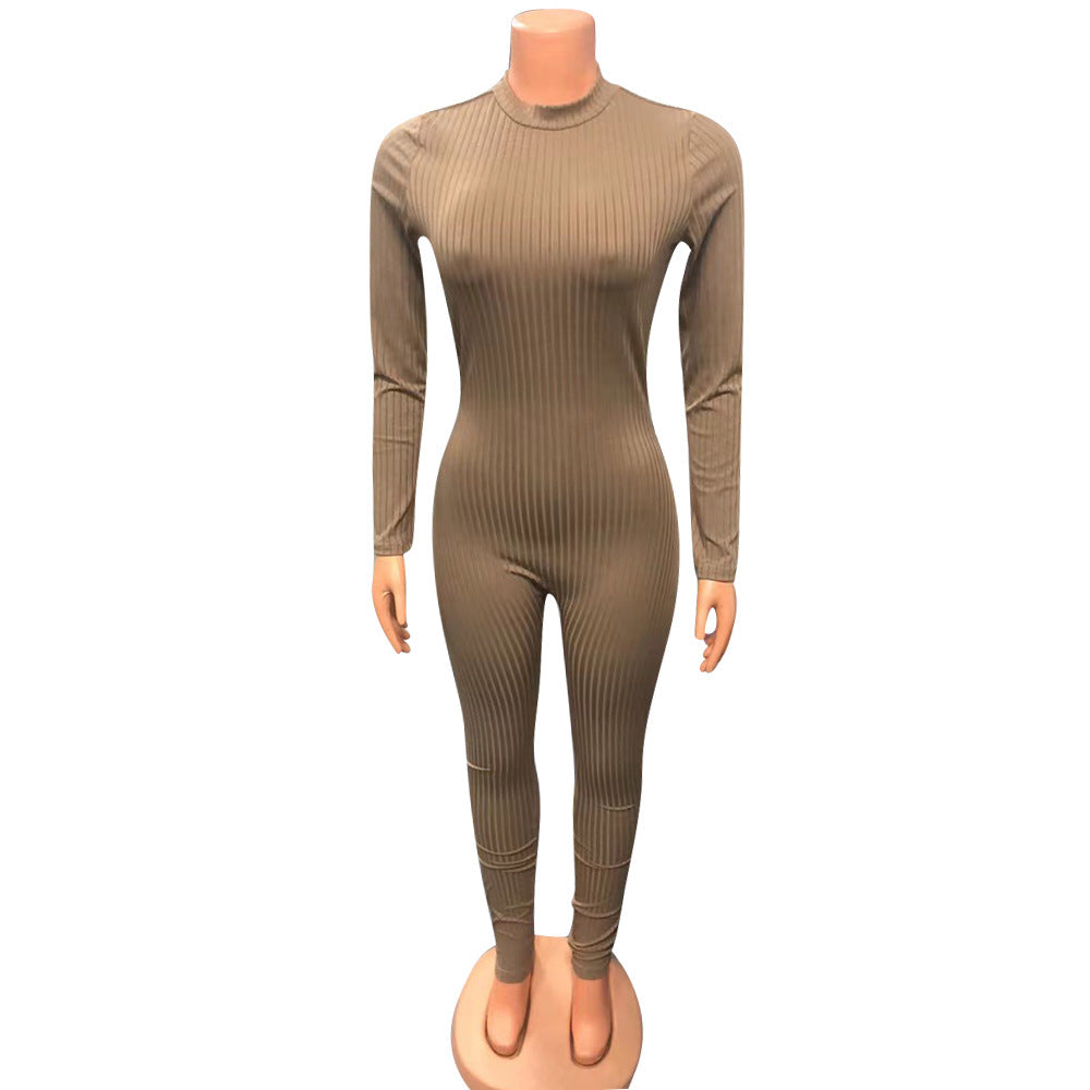 Figurbetonter Langarm-Jumpsuit für Damen – Reißverschluss, Knitted-Look